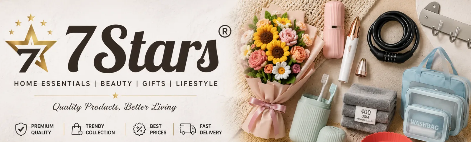 7Stars products: a handmade crochet bouquet, beauty tools, towels and travel organisers