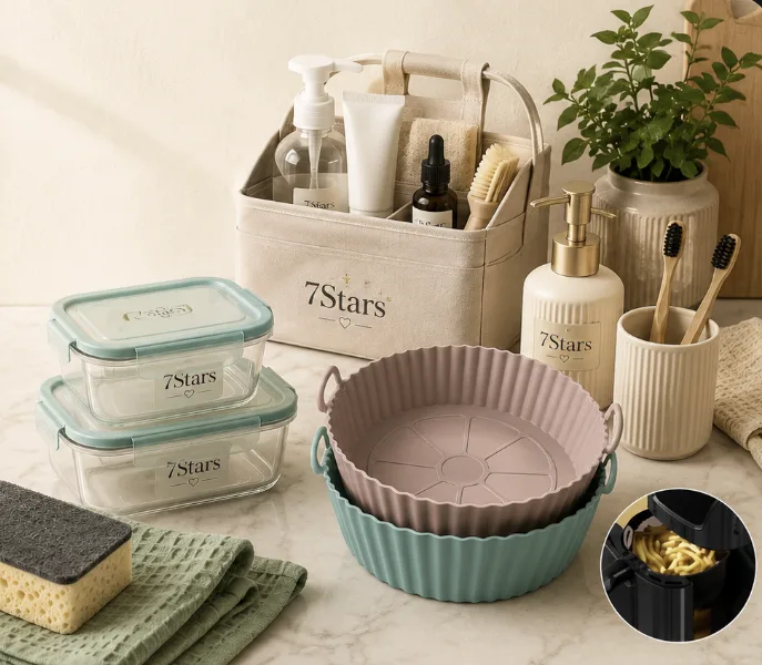 7Stars home and kitchen essentials on a kitchen counter — glass storage containers, silicone air fryer liners, a soap dispenser, toothbrush holder, storage caddy and cleaning sponge